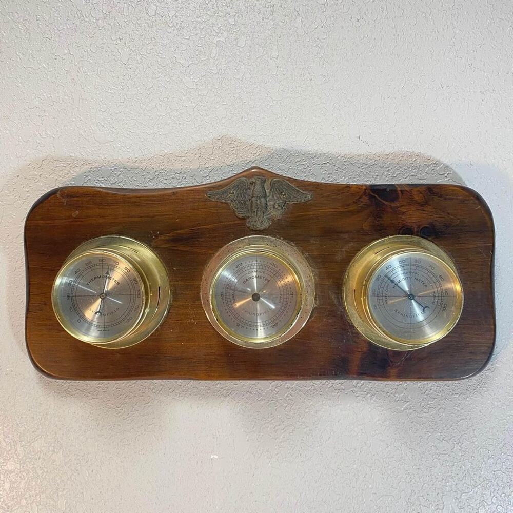 Vtg  Weather Station Thermometer Barometer Humidity Meter on Wood w/ Eagle Crest